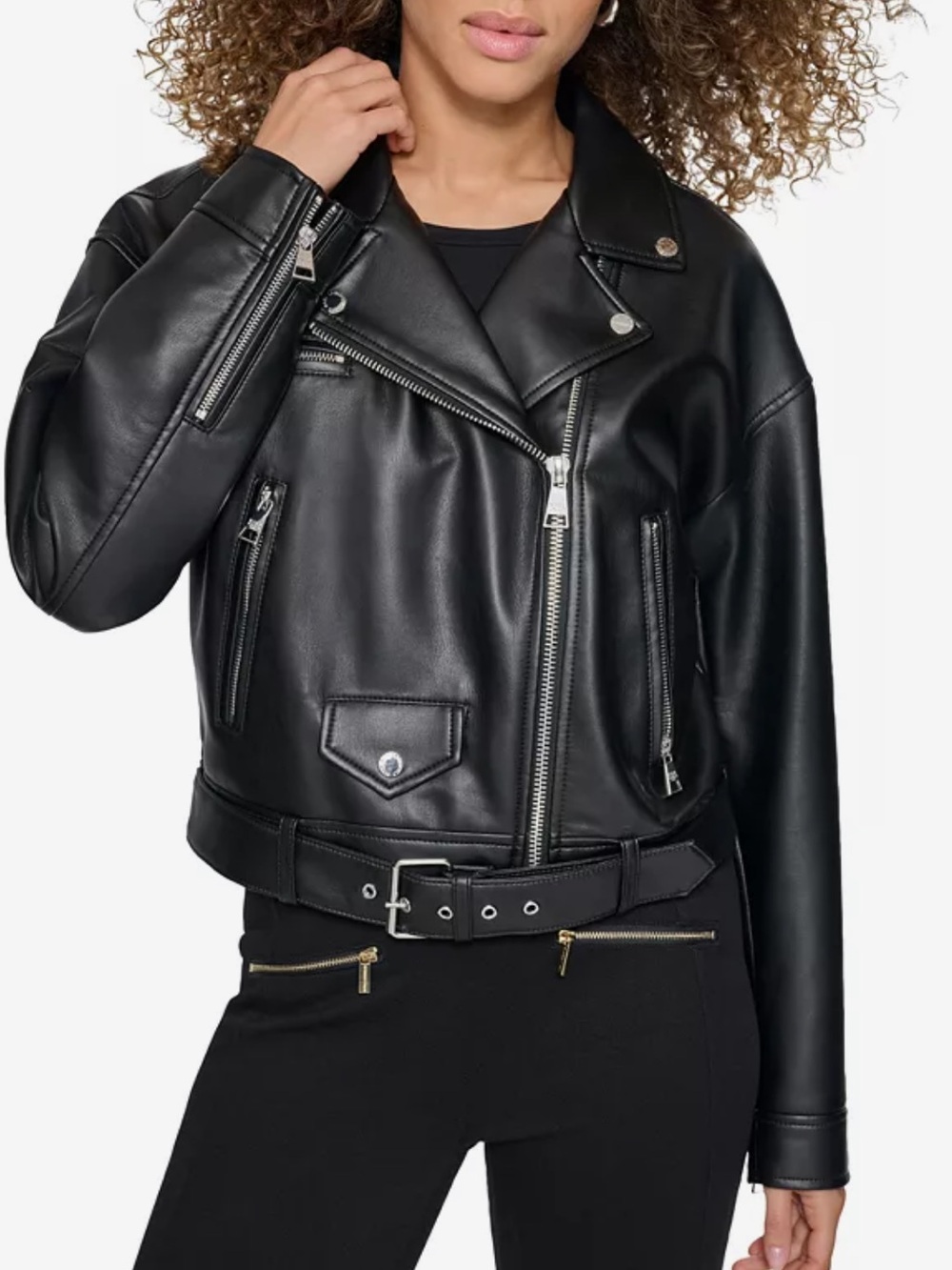Karl Lagerfeld Black Faux Leather Moto Jacket with Silver Hardware